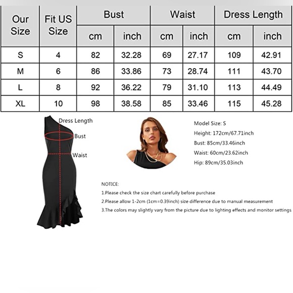 YOESEE Women One Shoulder Sleeveless Bodycon Dress Side Split Ruffle Hem - Picture 6 of 6